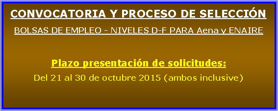 Cuadro de texto: CONVOCATORIA Y PROCESO DE SELECCINBOLSAS DE EMPLEO - NIVELES D-F PARA Aena y ENAIRE Plazo presentacin de solicitudes:Del 21 al 30 de octubre 2015 (ambos inclusive)