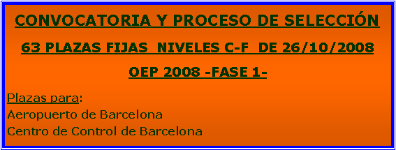 Cuadro de texto: CONVOCATORIA Y PROCESO DE SELECCIÓN63 PLAZAS FIJAS  NIVELES C-F  DE 26/10/2008OEP 2008 -FASE 1-Plazas para:Aeropuerto de BarcelonaCentro de Control de Barcelona